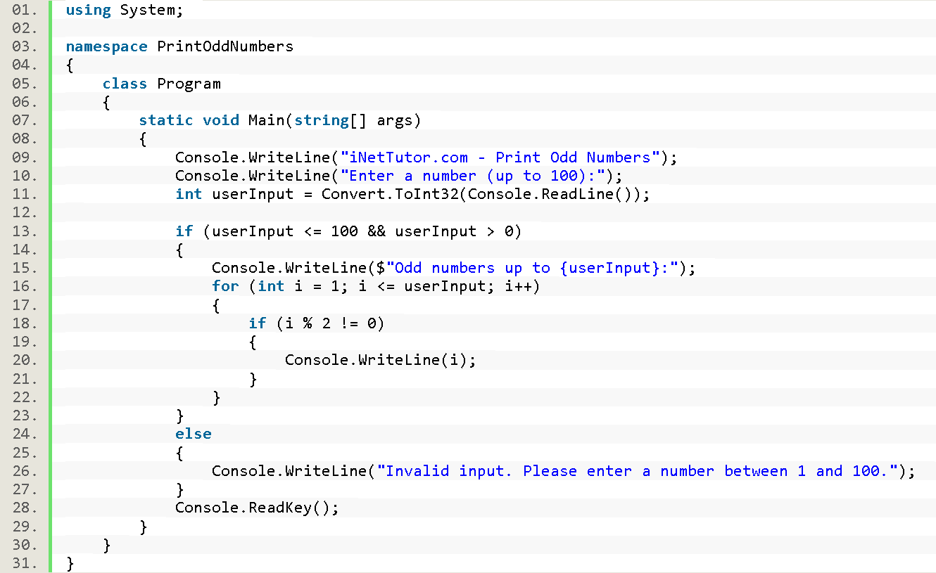Print Odd Numbers in CSharp - source code