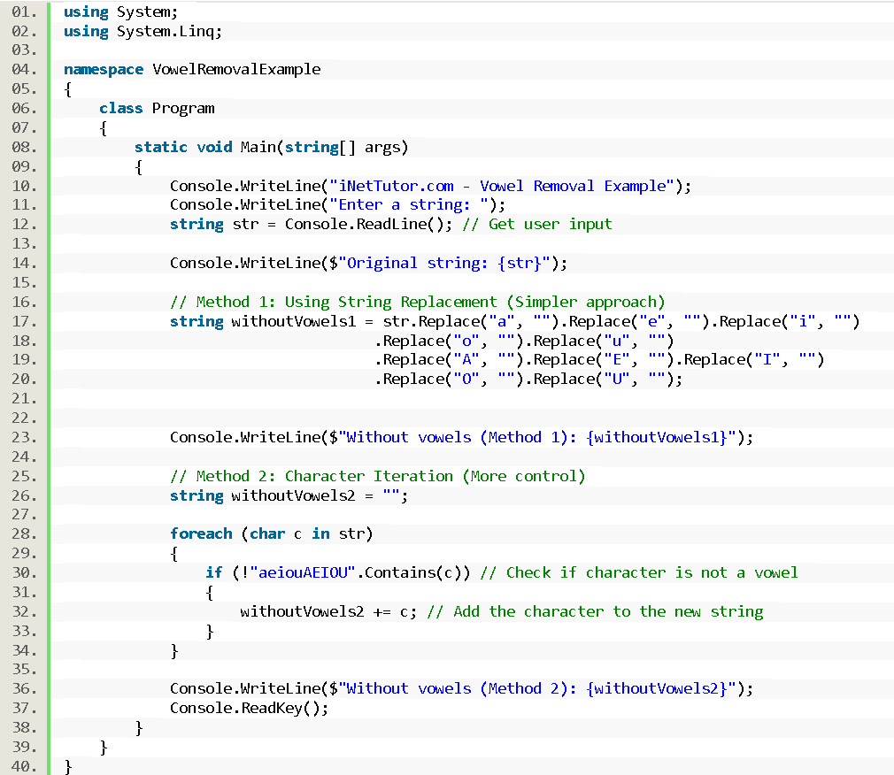 Remove Vowels in string using CSharp - source code