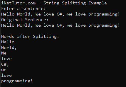 Splitting a String by Whitespace in CSharp - output