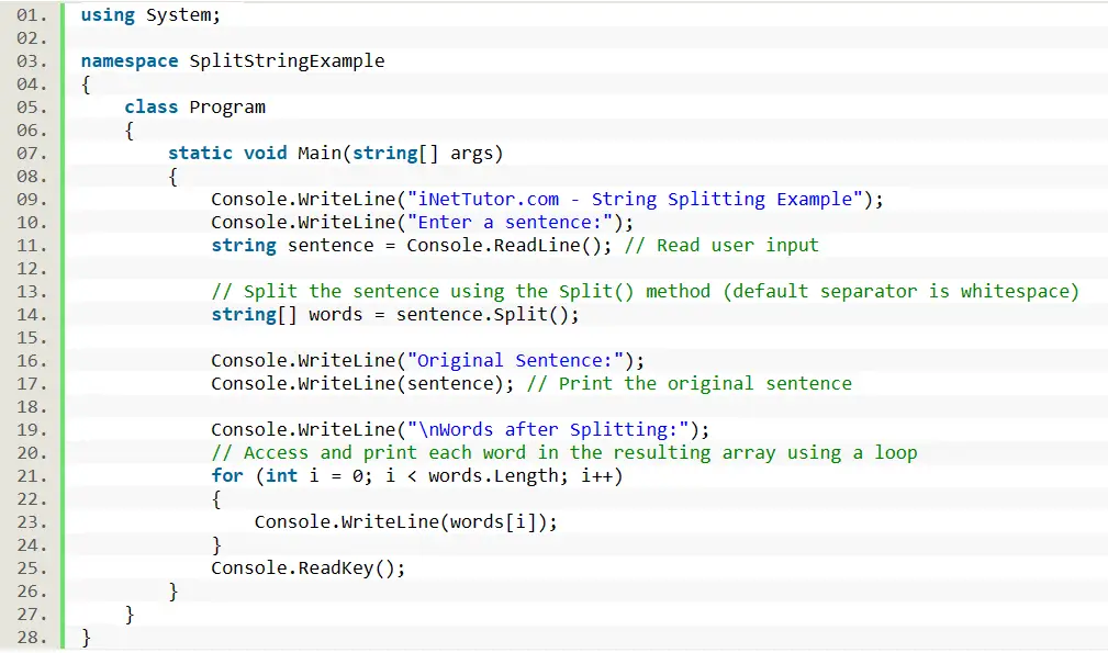 Splitting a String by Whitespace in CSharp - source code