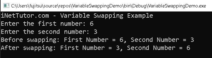 Swap the value of two variables in CSharp - output