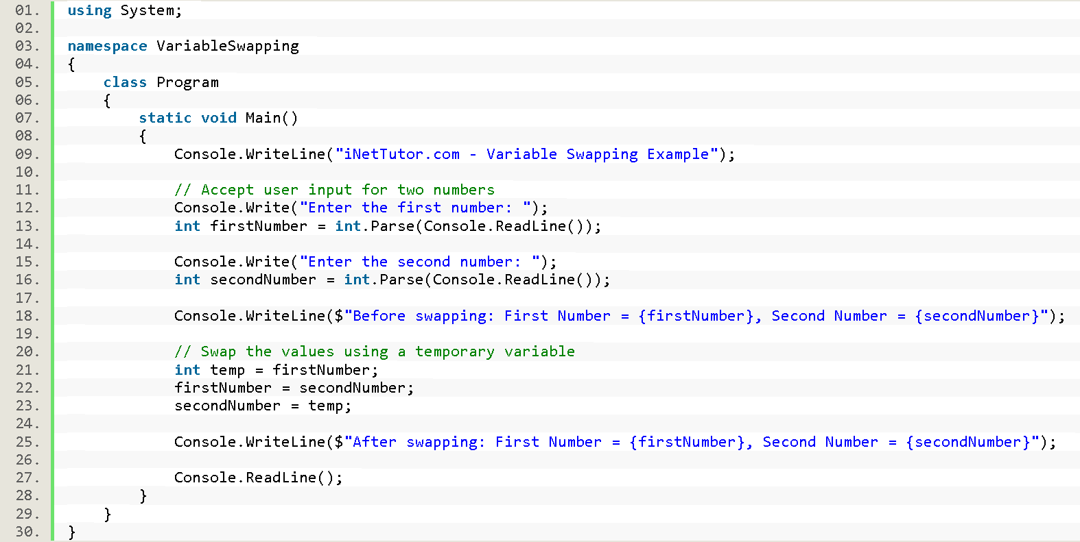 Swap the value of two variables in CSharp - source code