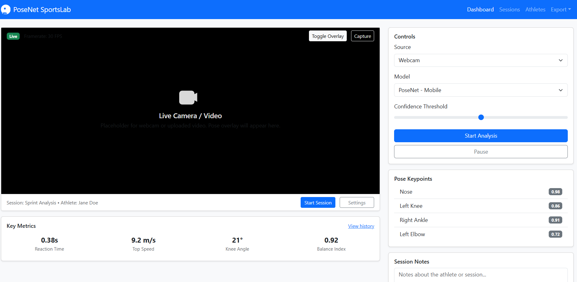 Sports Performance Analysis Using PoseNet - Landing Page
