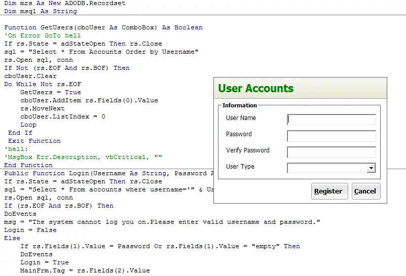 Login system with user registration in Visual Basic