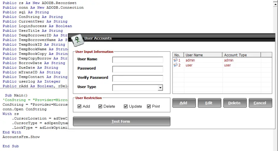 User Management with user restriction in Visual Basic